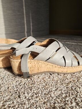 Born Light Gray Leather Cork Wedge Sandals